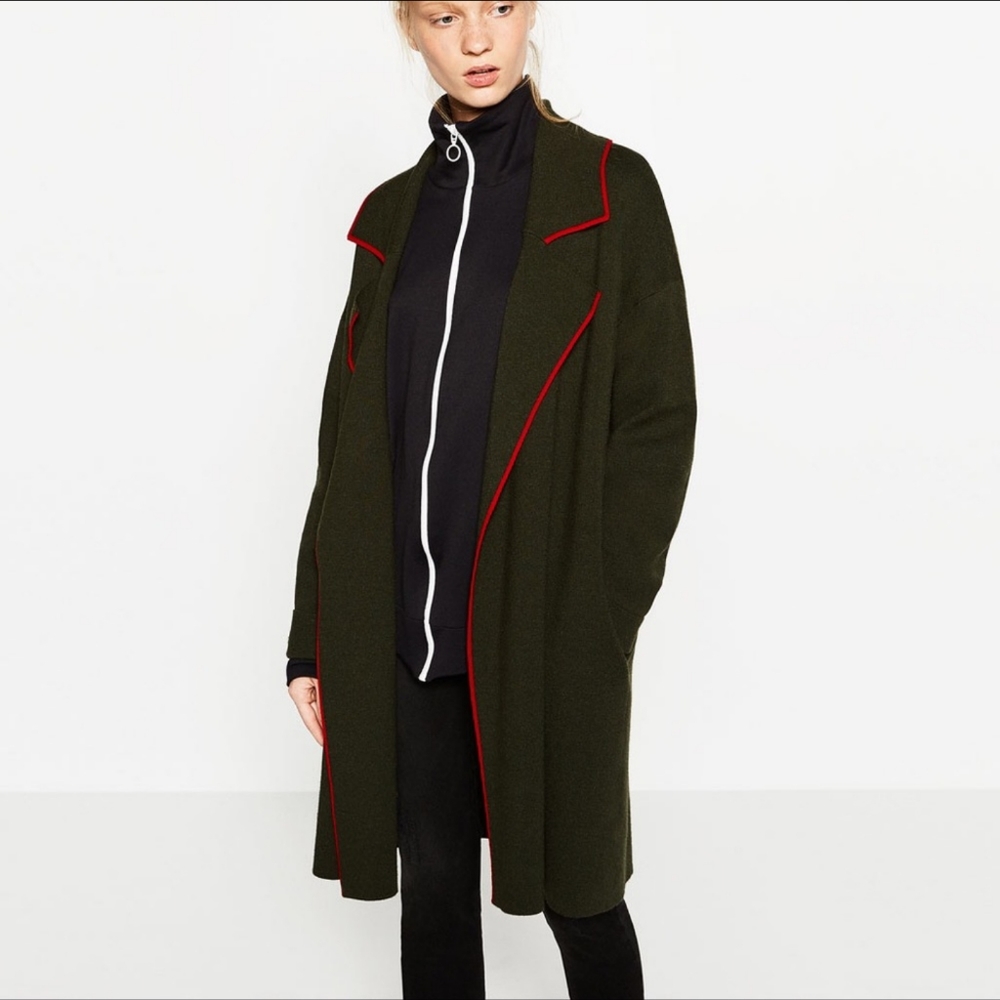 Zara Olive Green Knit Sweater Coat Cardigan